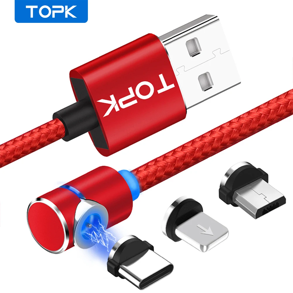 Магнитный кабель TOPK 2 м 90 градусов нейлоновый светодиодный микро USB и Type-C C для iPhone