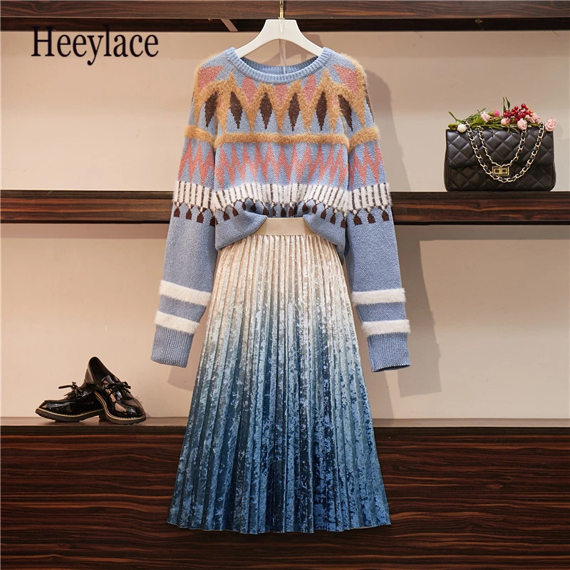 Зимний Тонкий женский свитер размера плюс Женская юбка из двух частей импортный