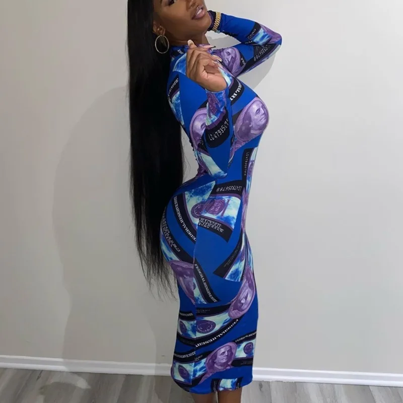 Пикантное облегающее платье средней длины с принтом долларов США платья длинным