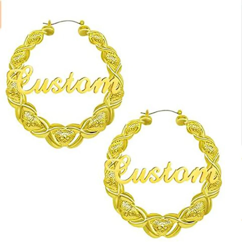 Custom Name 14k Gold Plated Old English Font Personalized Custom 12 Zodiac Name Horoscope xoxo Bamboo Large Size Hoop Earrings