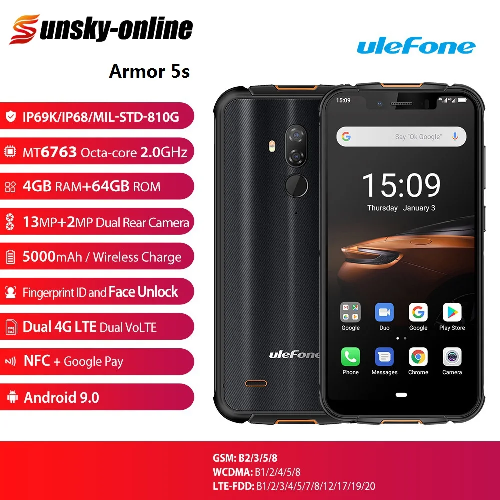 Ulefone Armor 5S IP68 водонепроницаемый прочный смартфон Otca-core Android 9,0 4 Гб+ 64 Гб Dual SIM 4G мобильный телефон NFC Беспроводная зарядка
