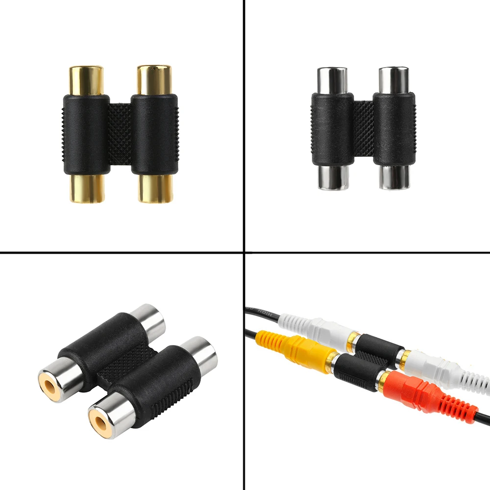

1PC New Silver Gold Useful Dual RCA Joiner Coupler Plug Single RCA Female to Female Audio Video AV Cable Adaptor Connector
