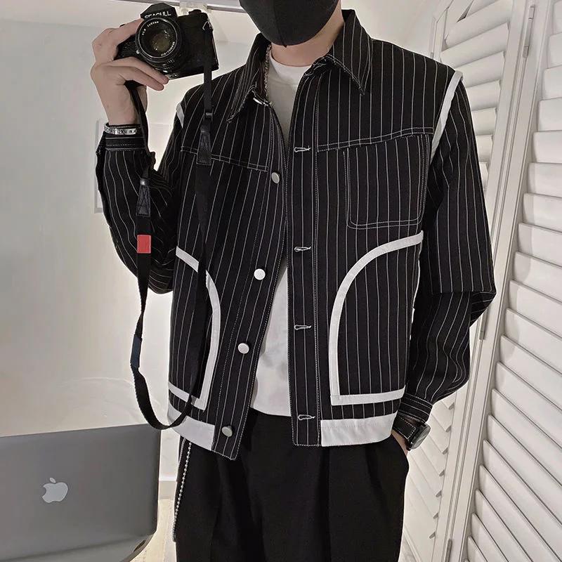 

Autumn New Social Fashion Contrast Striped Jacket Men Hip Hop Jacket Club Outfit Bomber Jacket Men Black White Bomber Print Coat