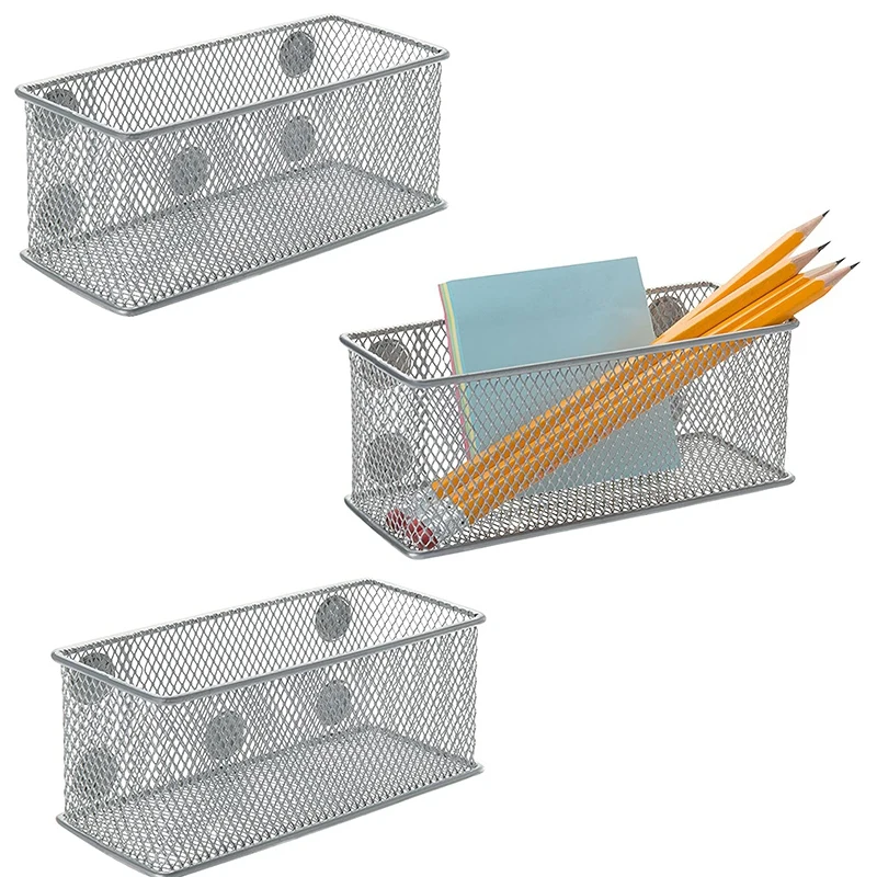 

3 Piece Set Metal Mesh Magnetic Storage Office Supplies Pen Case Storage Box Silver