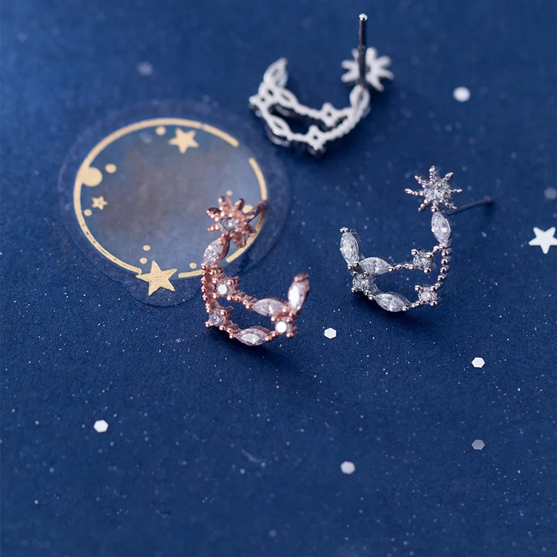 Серьги-гвоздики из серебра 100% пробы с Луной и звездами | Украшения аксессуары