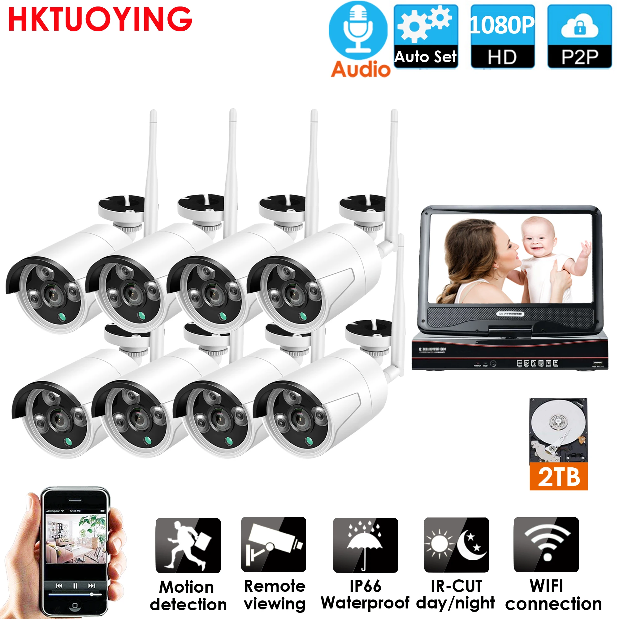 8CH AudioWireless nvr recorder Network 10 1 &quotЖК монитор NVR Recorder Wifi комплект 1080P HD аудио входы 2.0MP