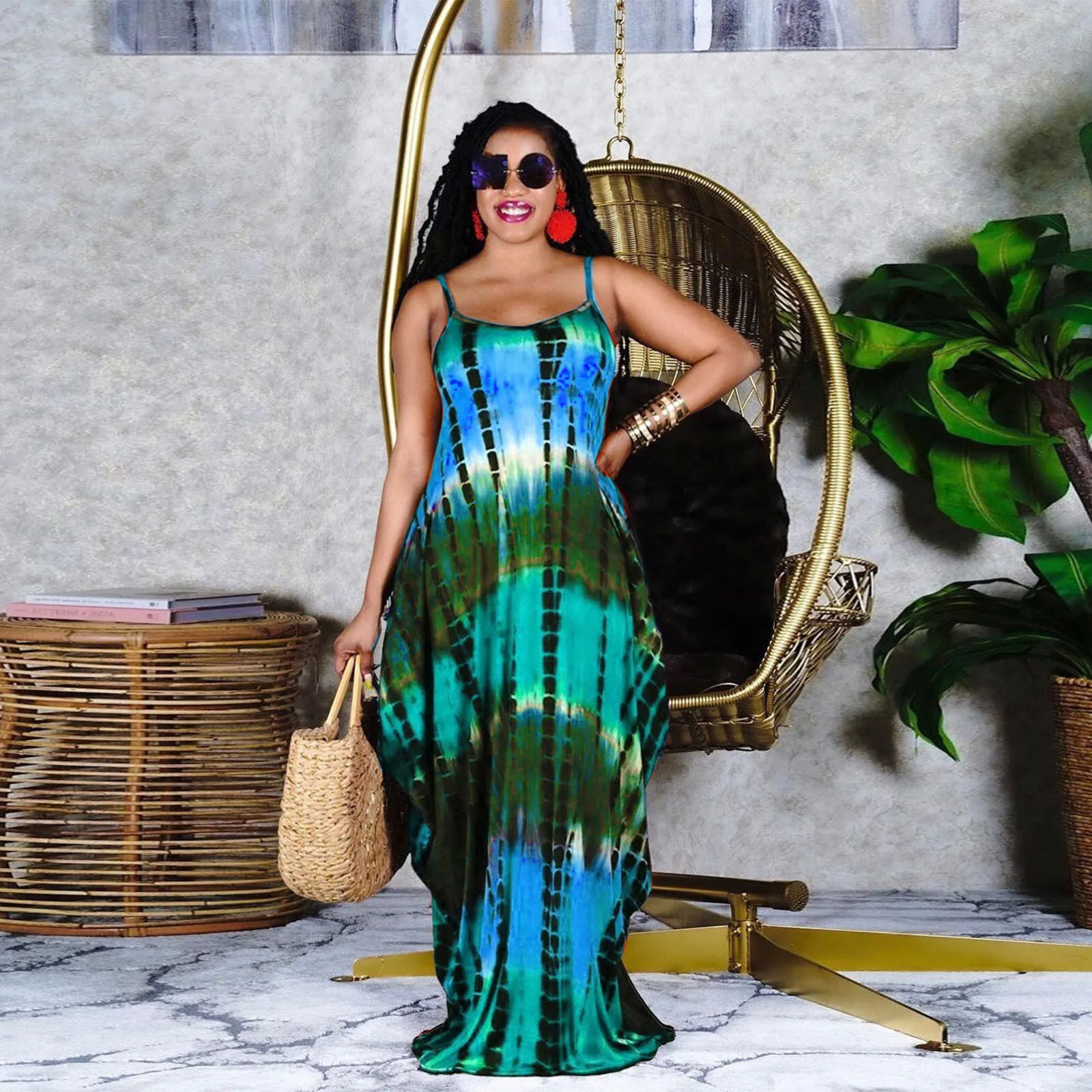 

57# 2021 Sleeveless Party Beach Dress For Women Tie-Dyed Print O-Neck Summer Dresses Ladies Loose Boho Long Dress Roupa Feminina