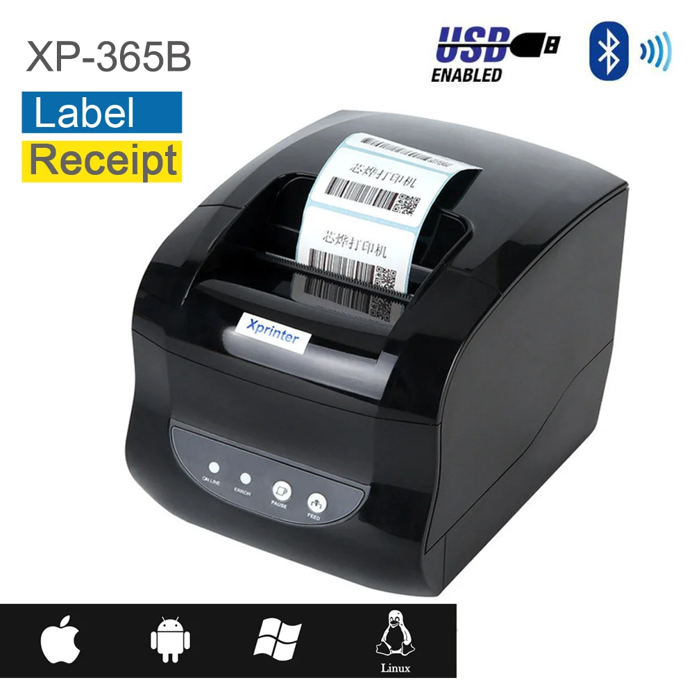 Принтер Xprinter XP 365B для наклеек чеков размер печати 20 80 мм формат QR кода термальный