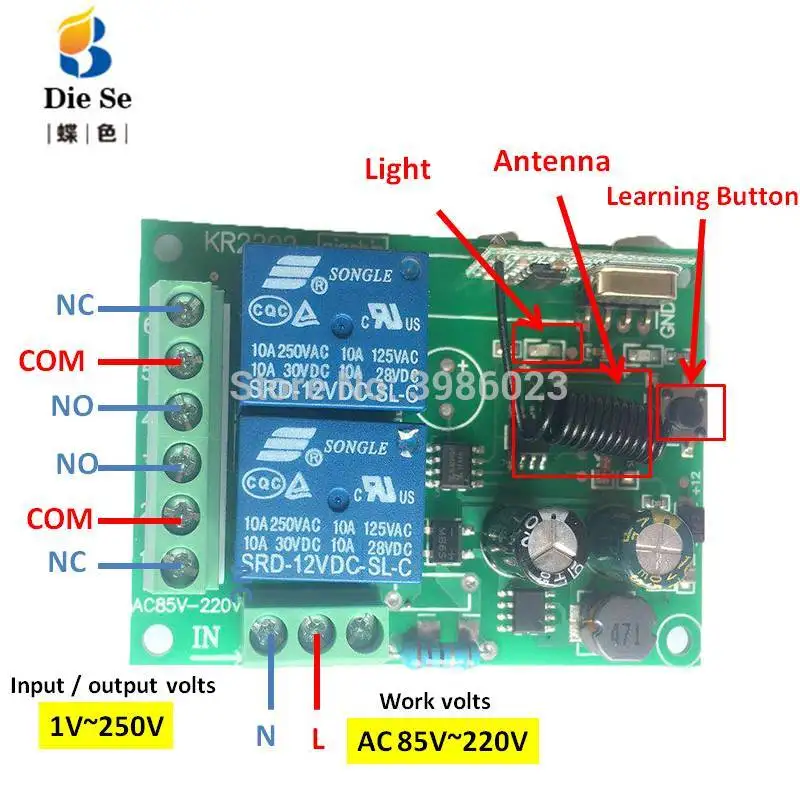 433MHz Universal Remote Control For Gate Garage AC 110V 220V 2CH Relay Receiver Module and 4 Button Controller RF Switch |