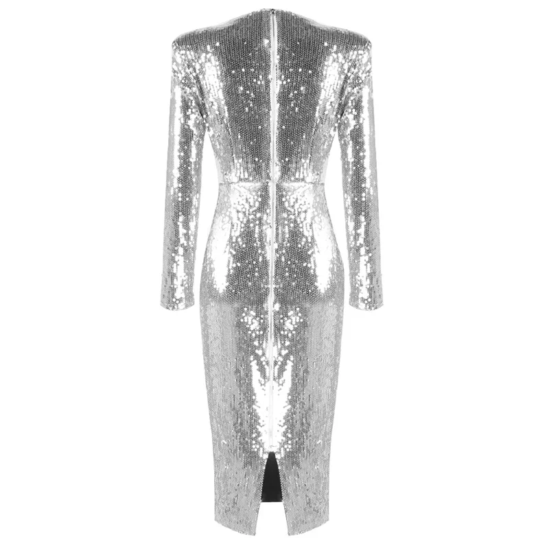 

High Quality Celebrity Silver Long Sleeve Winter Dress Fashion Homecoming Party Dress