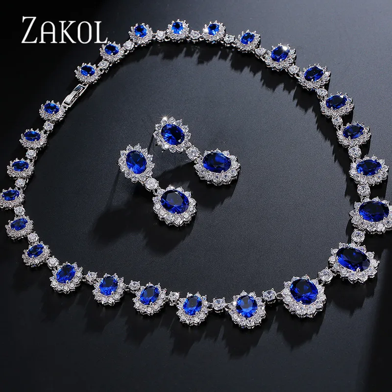 Blue Изысканный Овальный набор ювелирных изделий ZAKOL из голубого циркония с микро инкрустацией с роскошным белым цветом для подружки невесты ювелирные изделия FSSP018 - Окраска металла: Blue