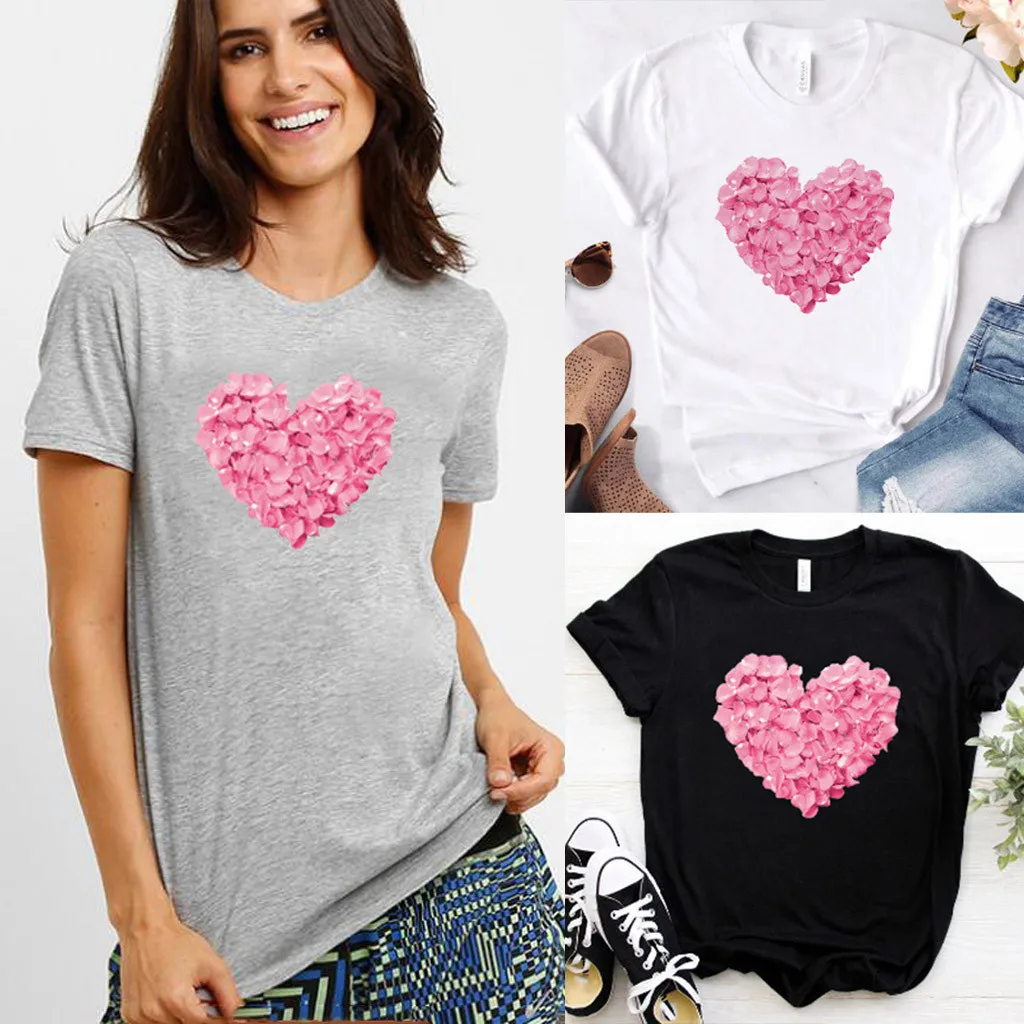 Модная женская розовая футболка с цветочным принтом и сердечками хлопковая