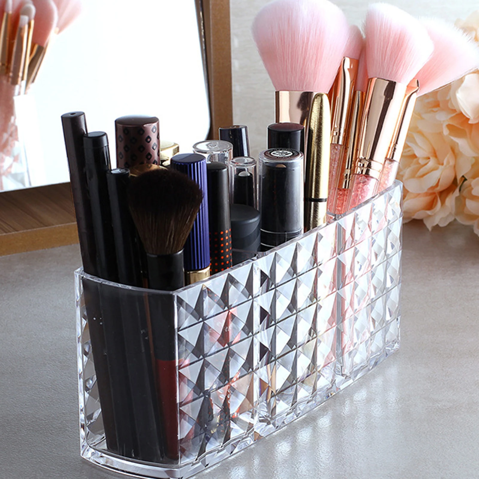 

3-slot acrylic cosmetic brush storage box, cosmetic brush holder storage box, transparent diamond desktop storage box