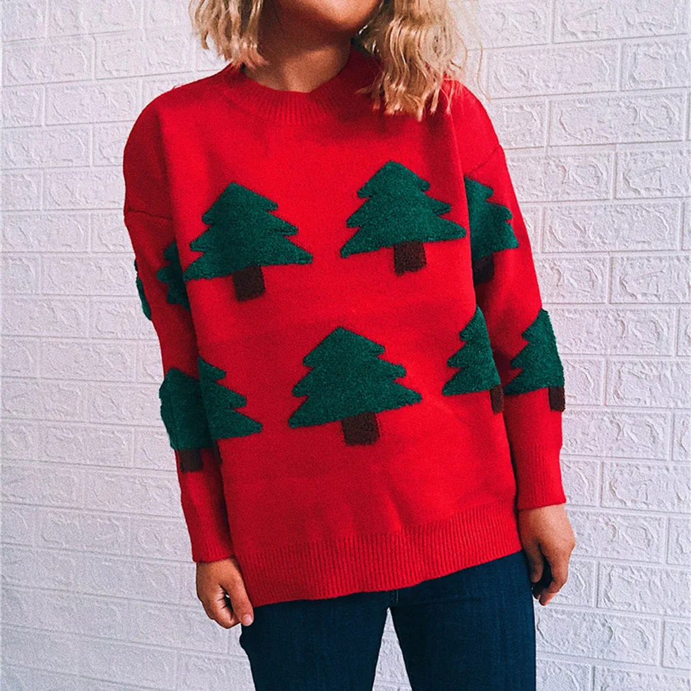 

Women's Sweater Autumn Winter New Fashion Casual Loose Round Neck And Long Sleeves Christmas Tree And New Year Themed Tops