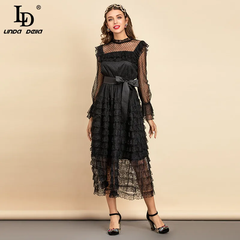 

LD LINDA DELLA New 2021 Summer Fashion Designer Black Dresses Women Long Sleeve Ruffles Belted Elegant Party Mesh Long Dress