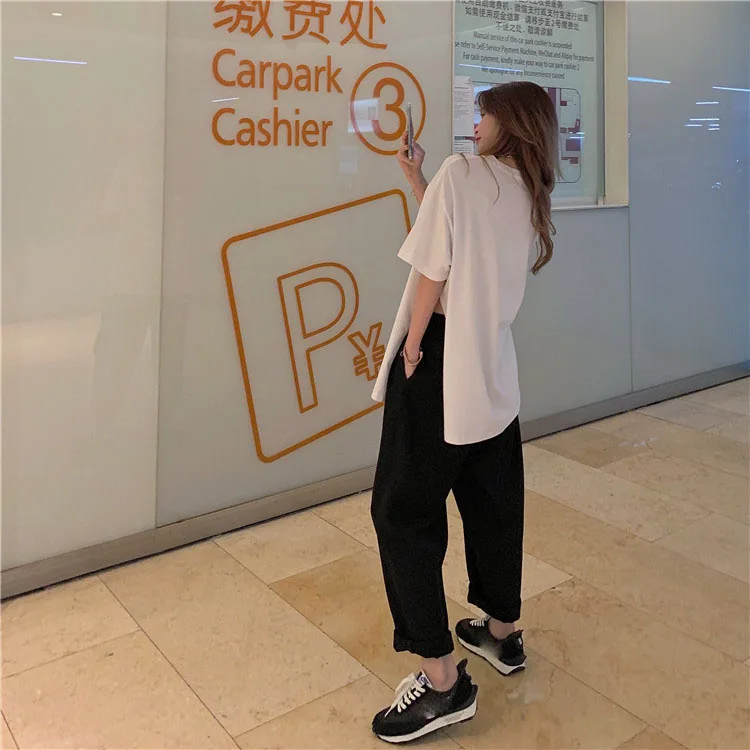 

YTX623 Student Korean version loose 2021 new summer wild white short-sleeved split T-shirt women