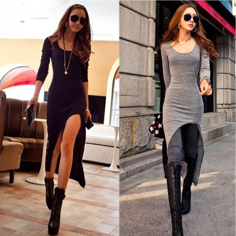 

Women's Long Sleeve Slim Irregular Asymmetric Sexy Solid Long Dress Autumn Mock Neck Elegant Dress