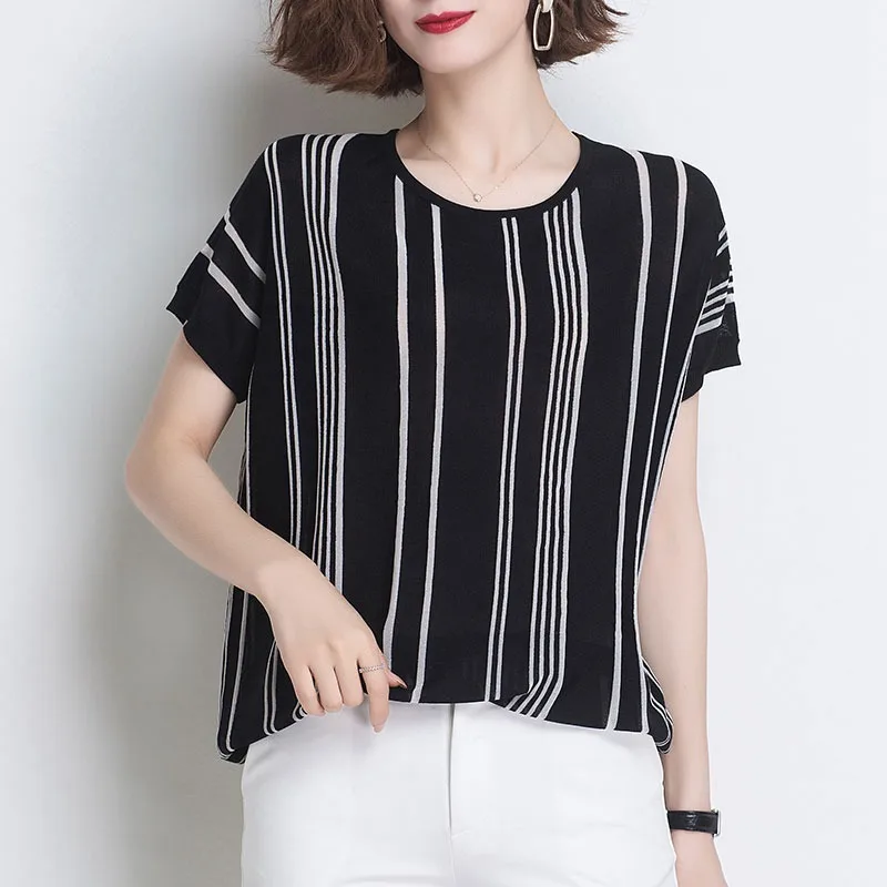 

Korean loose short bat sleeve ice silk stripe T-shirt women's summer new style westernized short sleeve thin loose T-shirt