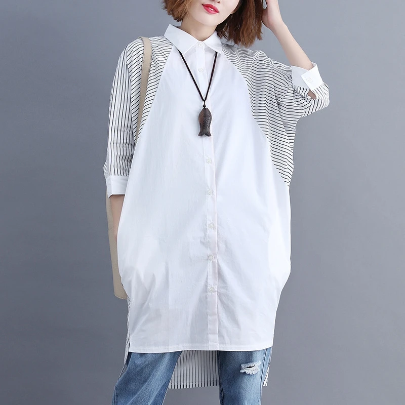 

YOSIBCD Women 2021 Fashion Striped Patchwork Loose Asymmetry Blouses Vintage Long Sleeve Button-up Female Shirts Chic Tops