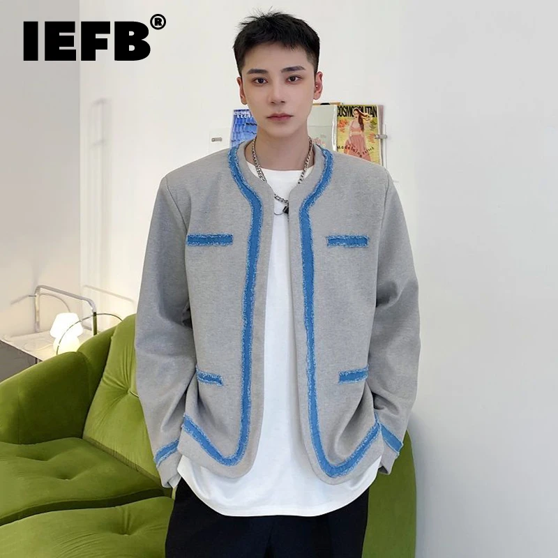 

IEFB Menswear Korean Fashion Denim Webbing Spliced Wool Jacket Men's New Loose Round Neck Short Coat Tide Autumn Winter 2021