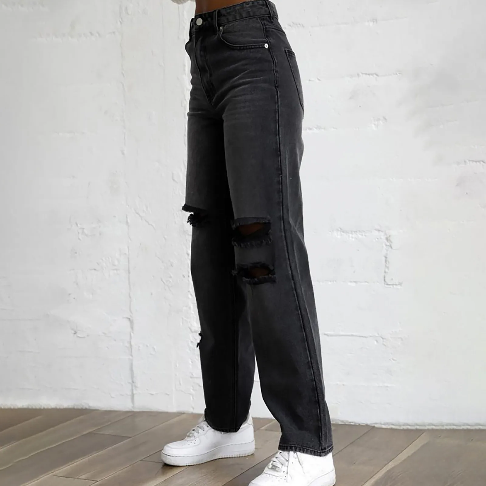 

2021 Pants For Women Jeans Solid Color Hole High Waist Jeans Flared Ankle Fashion Pants Trouser Women Fashion Denim Pantalones