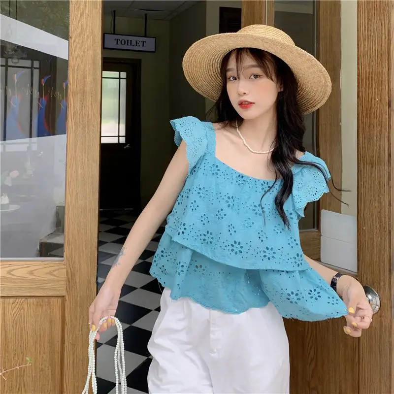 

COIGARSAM Blouse Women Summer Casual Loose Butterfly Sleeve Hollow Out Square Collar Blusas Womens Tops And Blouses