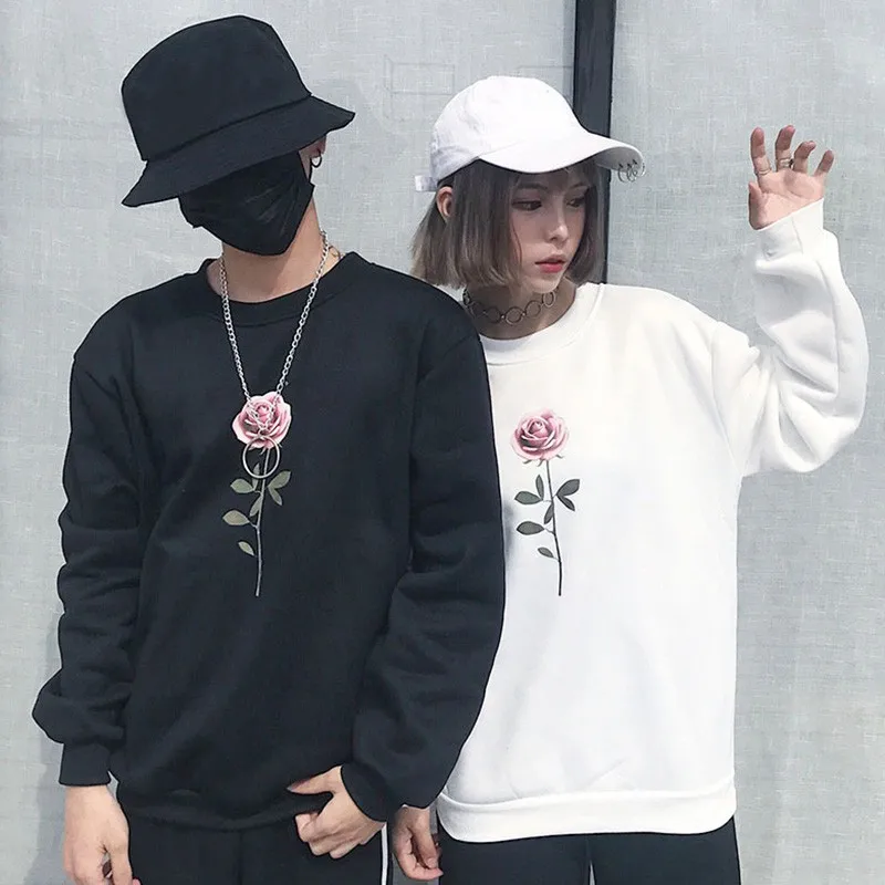 

Couple sweatshirt unisex long sleeve rose printed o neck pullover black white female autumn top women sweatshirts