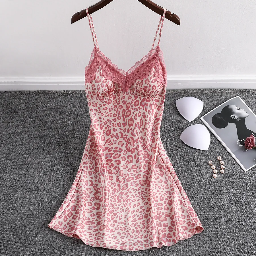 

Summer Sexy Nightdress Pink Leopard Dots Pajamas Women Lace Patchwork Sling Pyjamas Korean Night Dress with Chest Pad Lingerie