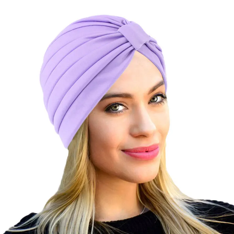 

New Women Knotted Indian Cap Inner Hijab Stretchy Ruffle Turban Muslim Hat Headband Female Solid Color Chemo Caps Adult Headwrap