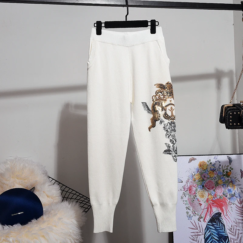 New Autumn Winter Tops Women Korean Fashion Sequin Embroidery Flower Loose Knitted Sweater + Harem Pants Two Piece Set Ladies