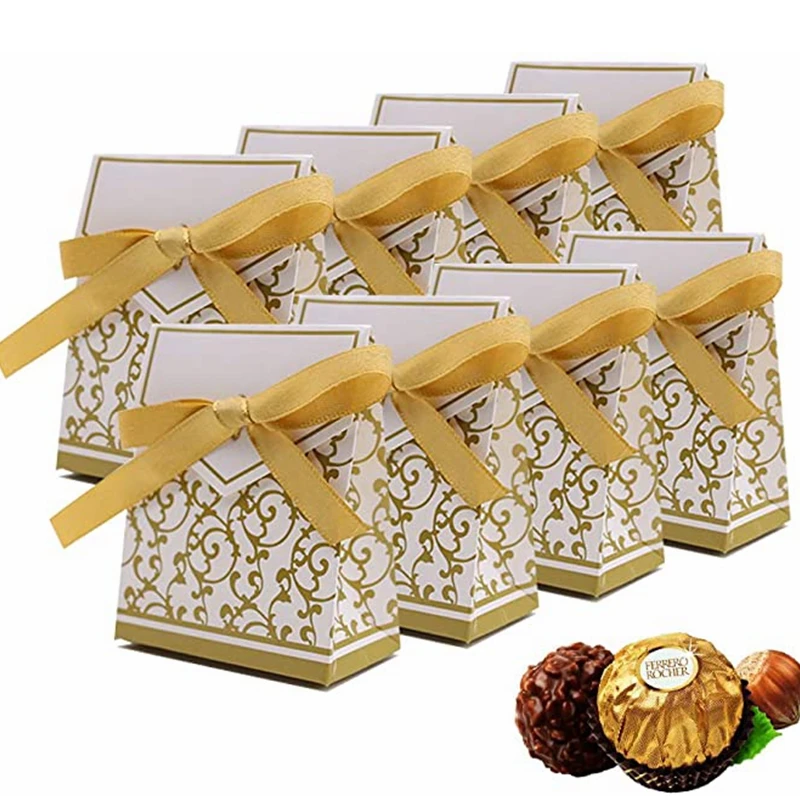 

50pcs Paper Candy Box Party Gift Bag Wedding Favors Packaging Bag Boxes With Ribbon Baby Shower Birthday Party Decor Supplies