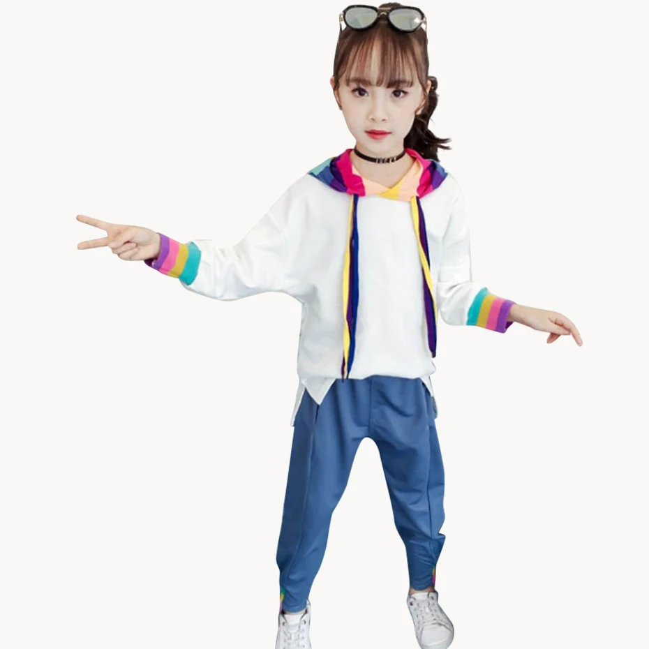 Одежда для девочек Лоскутные толстовки и брюки костюм в радужную полоску