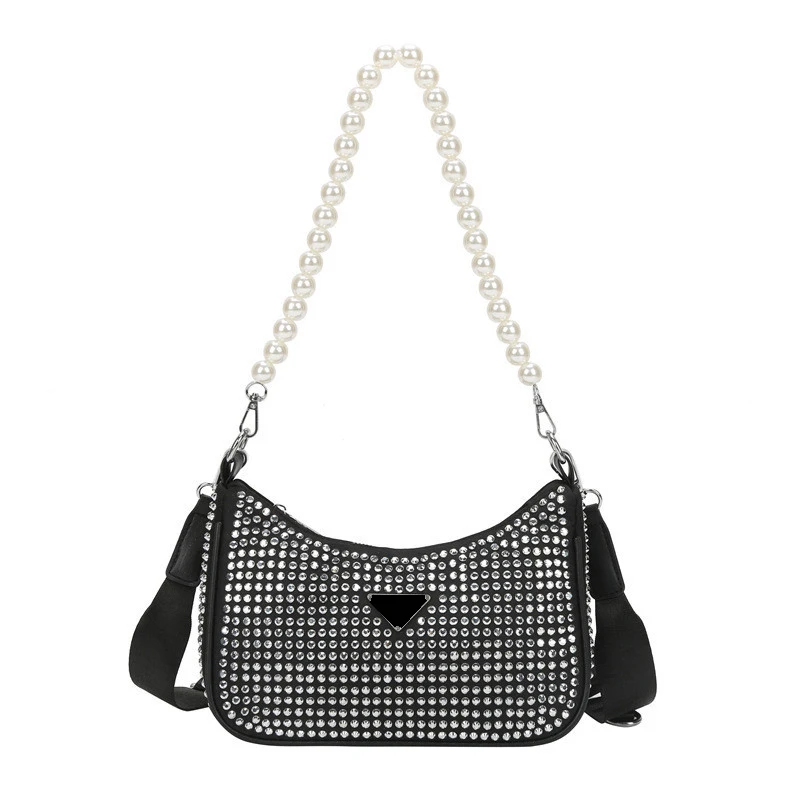 

Luxury Brand Designer Crystal Covered Pearl Chain PU woman Shoulder Baguette Crossbody Sparkling Handbag bolsa feminina