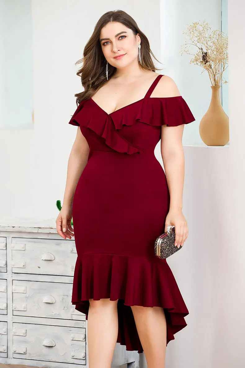 Plus Size Party Slip Dress Spaghetti Strap V-neck Short Sleeve Ruffled Mermaid Maxi Vestido Burgundy Bodycon | Женская одежда
