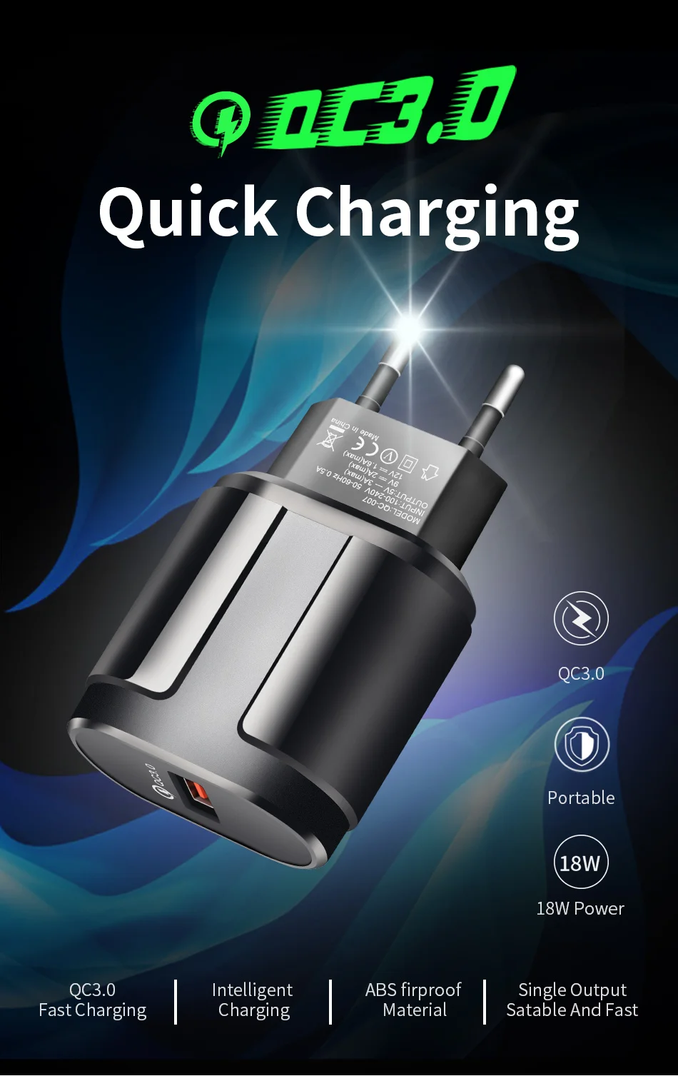 ROCK Quick Charge QC3.0 USB US EU Fast Charger Universal mobile phone charger Wall USB Charger Adapter for iPhone Samsung Xiaomi