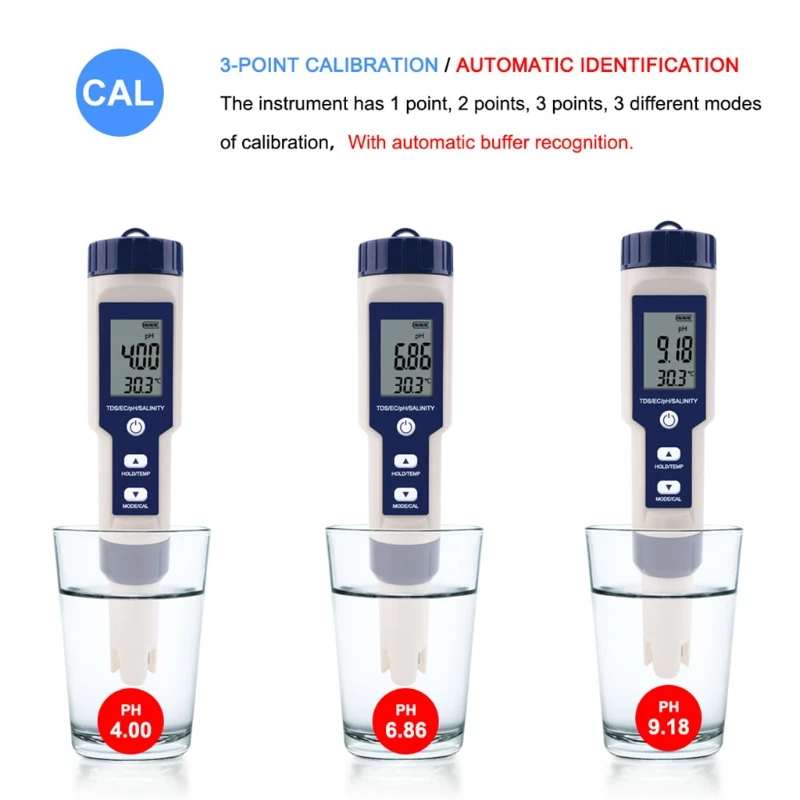 

5 In 1 PH/TDS/EC/Salinity/Temperature Tester Pen Waterproof Multi-Function Meter Digital Water Tester No Backlight