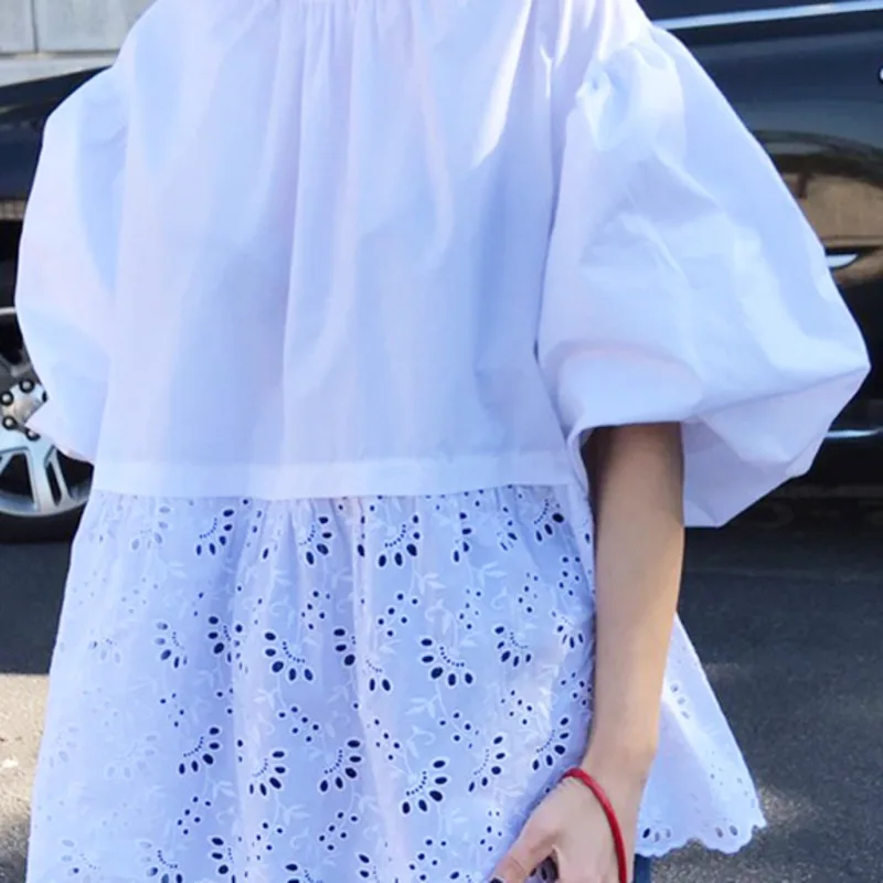 Женская кружевная блузка [EWQ] белая с круглым вырезом и пышными рукавами ажурная