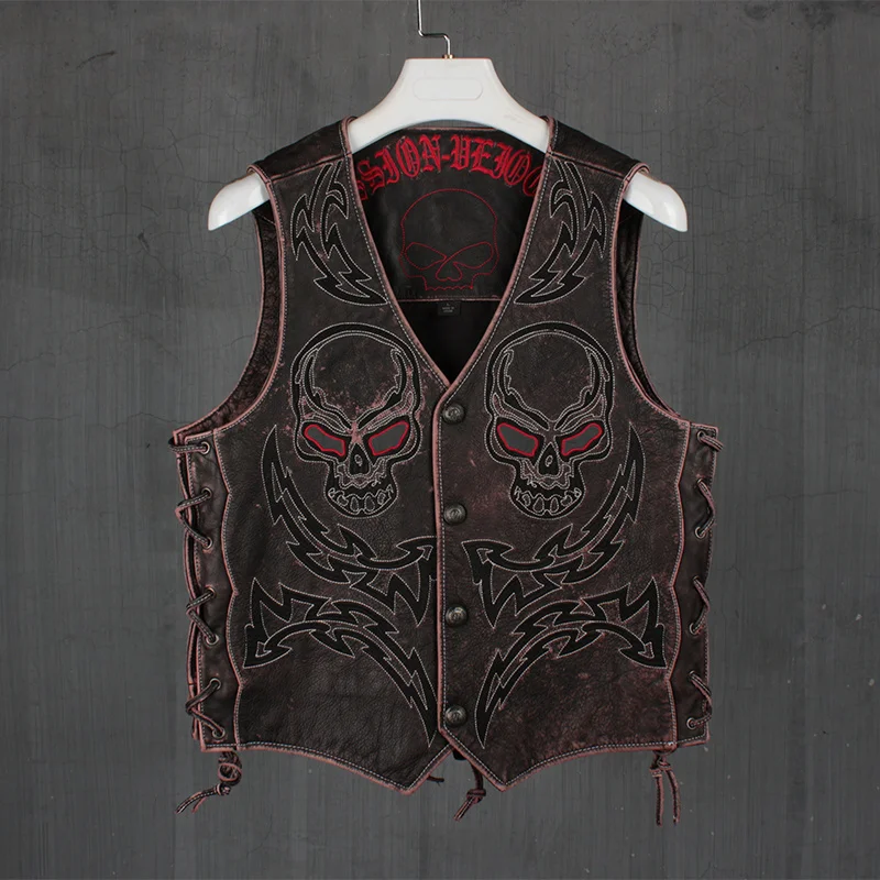 

2021 Vintage Brown Motorcycle Style Skulls Embroidery Leather Vest Men Plus Size 5XL Genuine Natural Cowhide Summer Short Coat