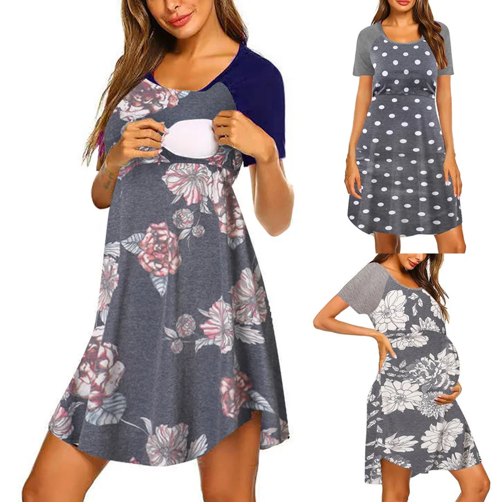

JAYCOSIN Maternity Dress Women Maternity O-neck Short Sleeves Print Patchwork Comfortable Dress Pregnancy Dress For Women New