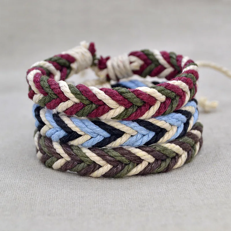 

Retro Wave Rope Bracelet Men Mix-color Braided Handmade Rope Wrap Adjustsize Length Bracelets & Bangles Male Gift