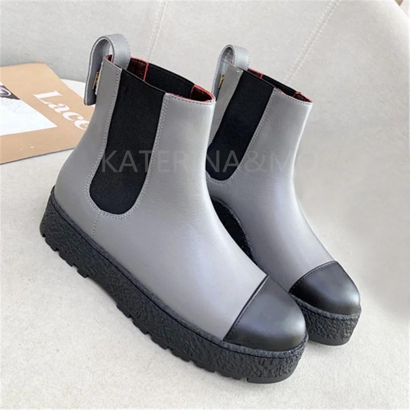 

Женские ботильоны на платформе, ботинки челси из коровьей кожи с круглым носком, на резинке, на толстой подошве, модные ботинки мартинсы руч...