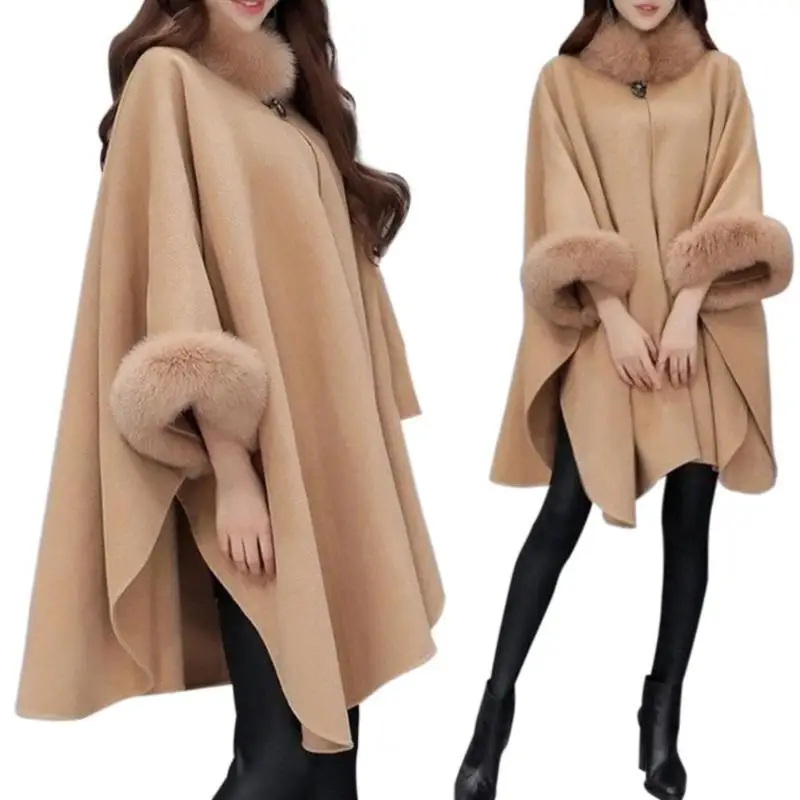 Camel ZDFURS* Мода размера плюс, Женская однотонная свободная накидка с воротником из искусственного меха, Зимняя Повседневная Женская шерстяная накидка, женские пончо - Цвет: Camel