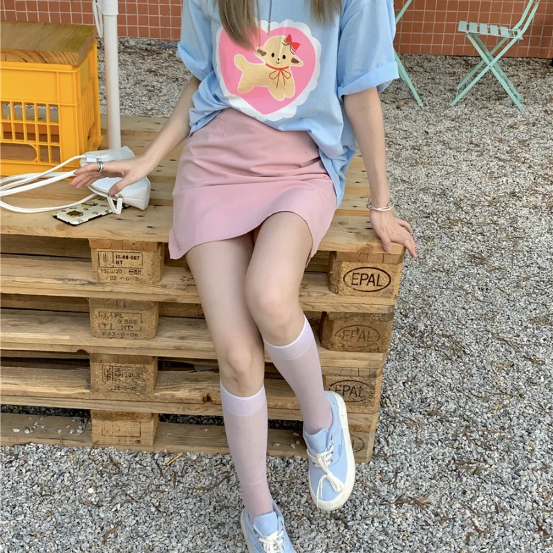 

Love Printed T-shirts for Women Summer New Fashionable Sweet Style Clothing Cartoon O-Neck Tops Blue Loose Thin Trendy Tees