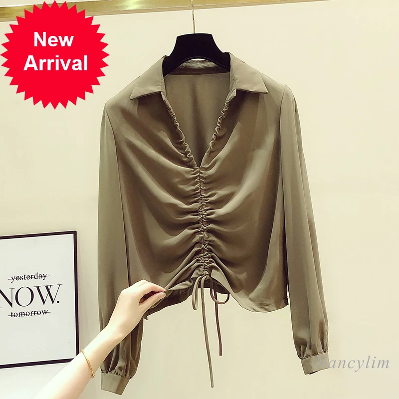 

Женская свободная плиссированная рубашка, однотонная универсальная Блузка с V-образным вырезом и длинным рукавом, Осень-зима 2021