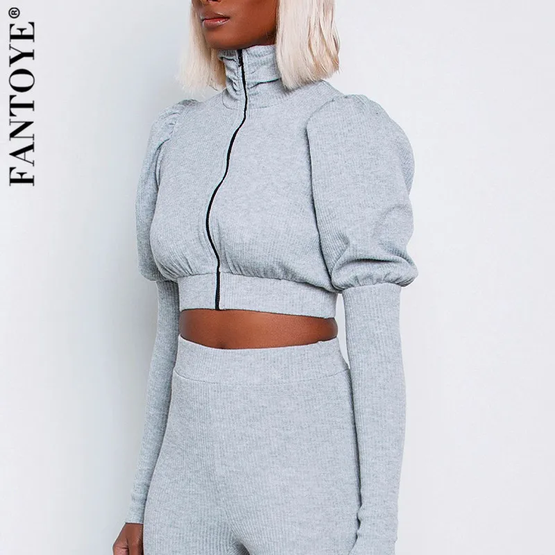 FANTOYE Casual Black Turtleneck Two Piece Set Jumpsuit Women Cotton Puff Sleeve Crop Top And Pants Elastic Sweatshirt Suits | Женская
