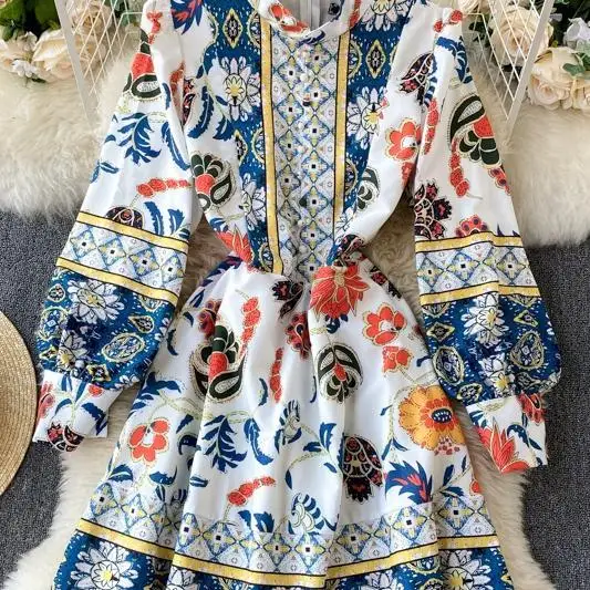 

Women Retro Print Short Dress Korean Stand Collar Puff Sleeve Button Dresses Autumn Fashion Streetwear A-line Dress