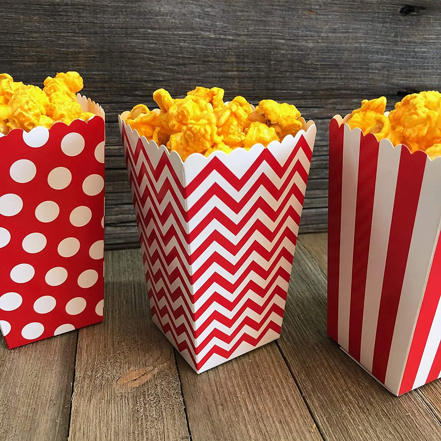

6 / 12 / 24 pcs Red Popcorn Treat Boxes Chevron Polka Dot Stripe - Scalloped Chalkboard Labels -
