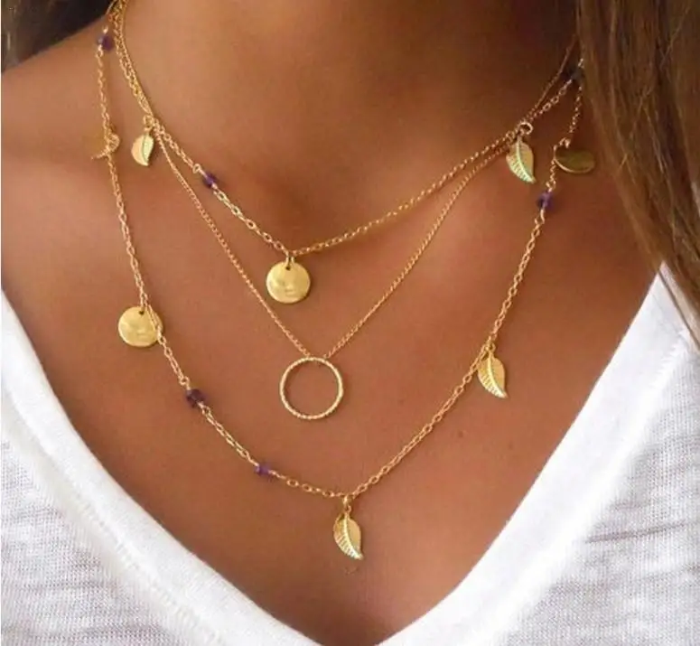 

Necklace For Women Fashion Leaf Ring Coin Pendant Necklace Retro Crystal Multilayer Necklaces Jewelry Wholesale