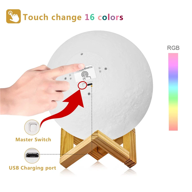 

Moon Lamp 16 Colors 3D Moon Light, Remote & Touch Control USB Rechargeable Timing Led Night Lights for Home Decoration Kids gift