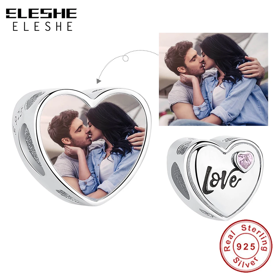 ELESHE 925 Sterling Silver Forever Love Heart Bead Personalized Custom Photo Charms Fit Original Bracelets & Bangles DIY Jewelry